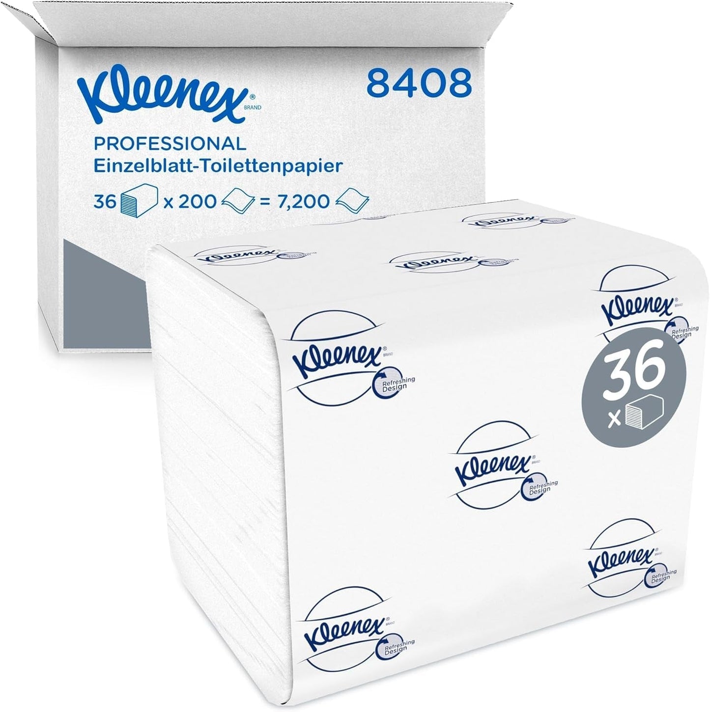 Kleenex Einzelblatt-Toilettenpapier 8408, 2-lagiges Toilettenpapier in Großpackungen, hergestellt aus FSC-zertifiziertem Papier, 36 Packungen x 200 Blatt (7.200 Blatt)
