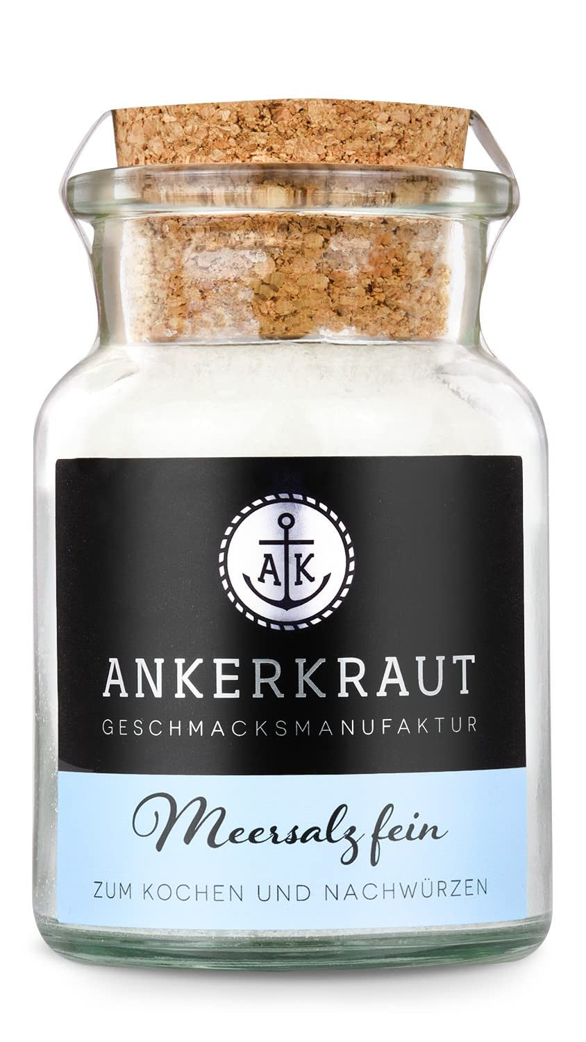 Ankerkraut Meersalz fein, reines Salz zum Kochen und Würzen, 170g im Korkenglas