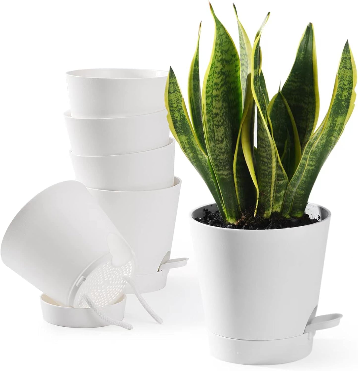 Blumentopf, 6 Stück, 12,7 cm, selbstbewässernder Übertopf, hohe Drainage, Blumentopf für drinnen und draußen, mit Reservoir-Tablett und Bewässerungsrand, Garten-Pflanzgefäß, Garten