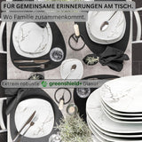 SANGER | Bilgola Marmor-Geschirr-Set, 36-teilig, für 6 Personen, mit Speisetellern, Desserttellern, Suma-Tellern, Müslischalen, Kaffeetellern und Porzellan-Untertassen, quadratisch | DIE PREMIUM-KOLLEKTION