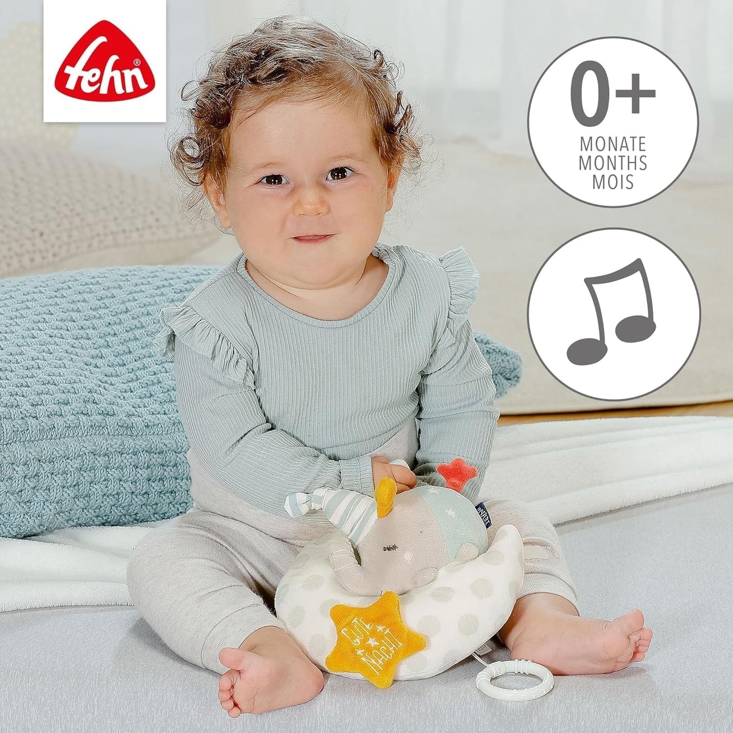 Fehn Spieluhr Elefantenbaby im Mond - Stickerei „Glow-in-the-dark“ mit dem Lied „Der Mond ist aufgegangen“ – Plüschtier zum Einschlafen – Spielzeug für Kinder unterwegs und zu Hause – ab 0+ Monaten Babyspielzeug Naty Shop
