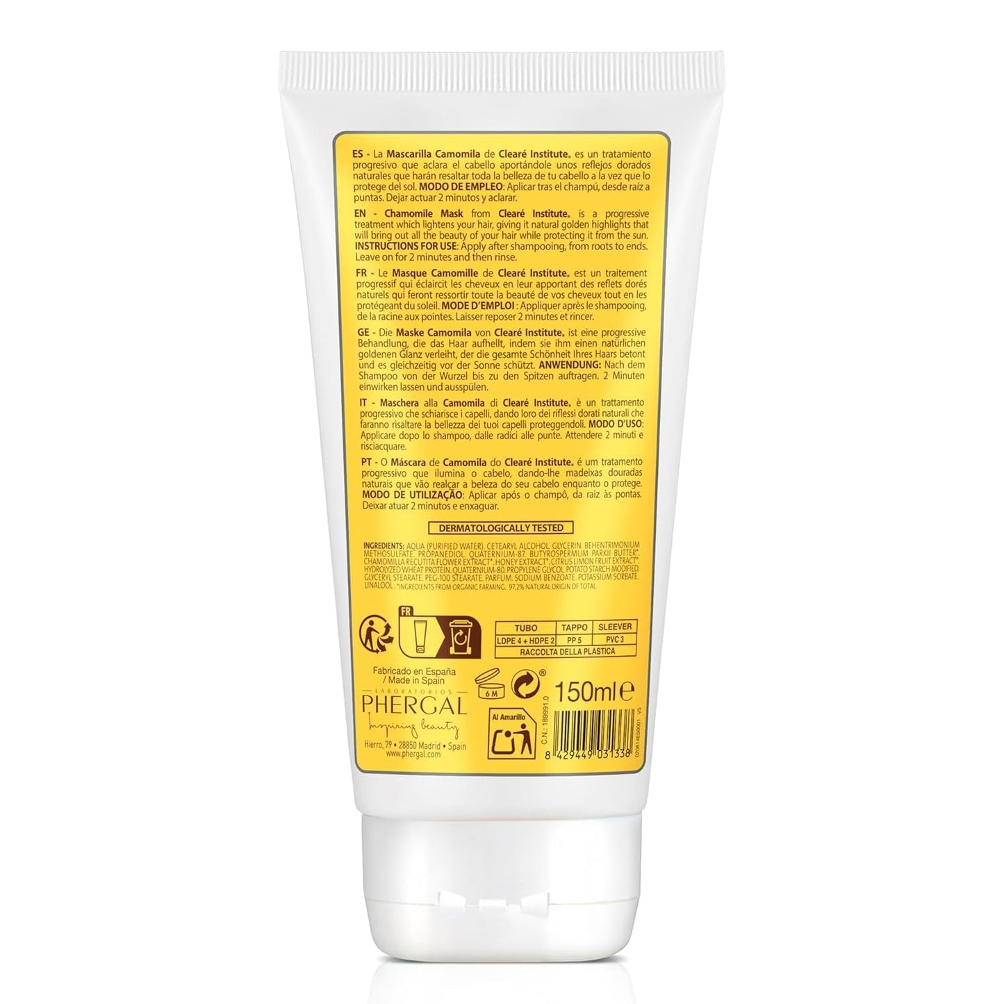 Clearé-Institut | Kamillenmaske | Pflegt, pflegt und entwirrt | Goldener Glanz und Glanz | 97 % natürliche Inhaltsstoffe | Beruhigt die Kopfhaut. Mit Kamillenextrakt | 150 ml Naty Shop Haarmaske