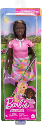 Barbie Brunette-Golferpuppe in abnehmbarem rosa Polokleid, Golfuniform, inklusive Mütze und Golfschlägerzubehör, JCR69