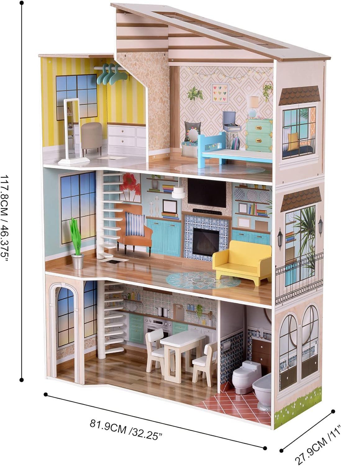 Olivia's Little World Modernes, dreistöckiges interaktives Puppenhaus aus Holz im mediterranen Stil für Kinder mit 17 Puppenmöbelzubehör, mehrfarbig, TD-13551B
