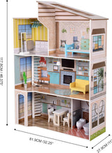 Olivia's Little World Modernes, dreistöckiges interaktives Puppenhaus aus Holz im mediterranen Stil für Kinder mit 17 Puppenmöbelzubehör, mehrfarbig, TD-13551B
