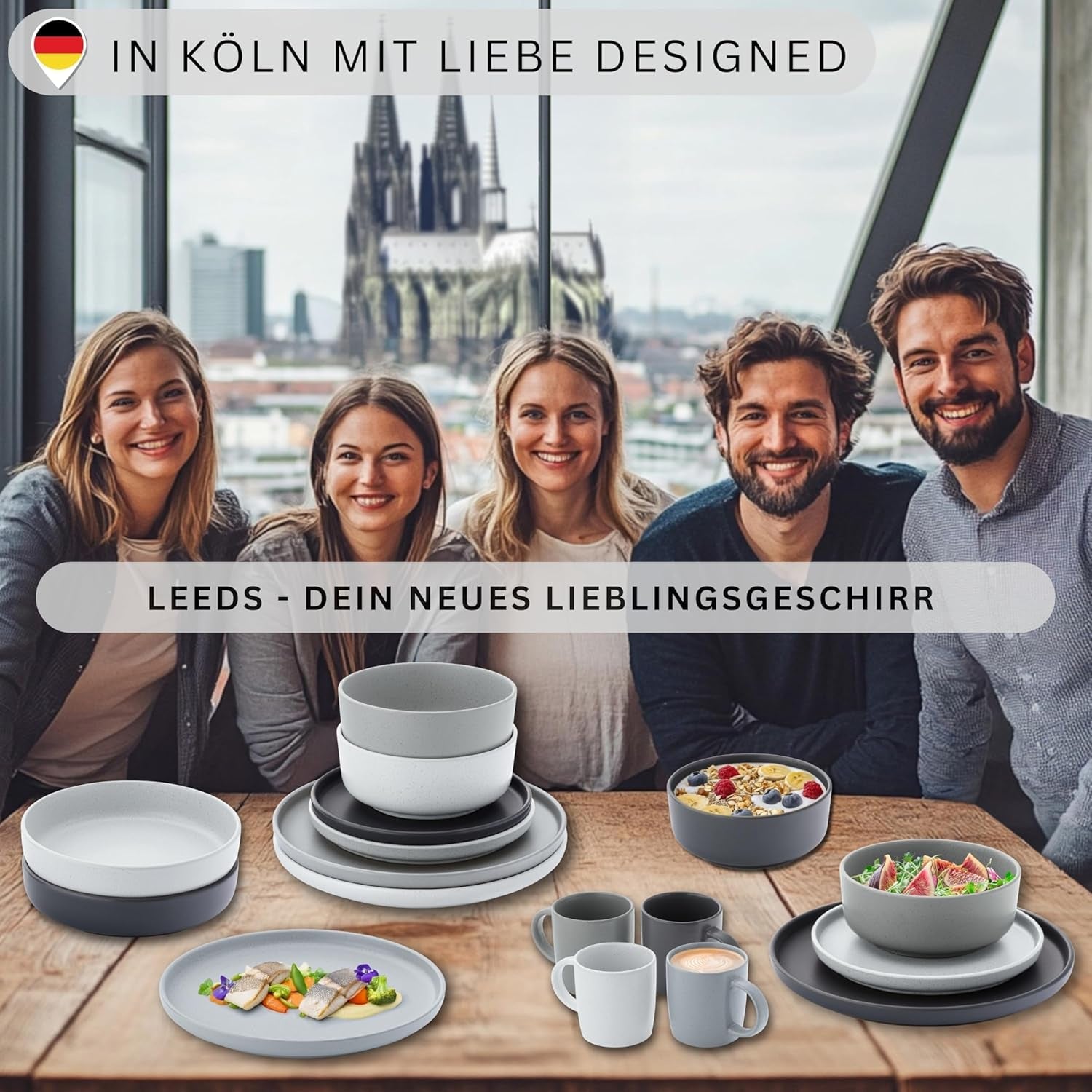 SÄNGER Leeds | 12-teiliges Steinzeug-Geschirrset, 4-Personen-Essteller-Set (4 Speiseteller, 4 Dessertteller, 4 Schüsseln), farbenfrohes, kratzfestes Geschirr | DIE VALUE-KOLLEKTION