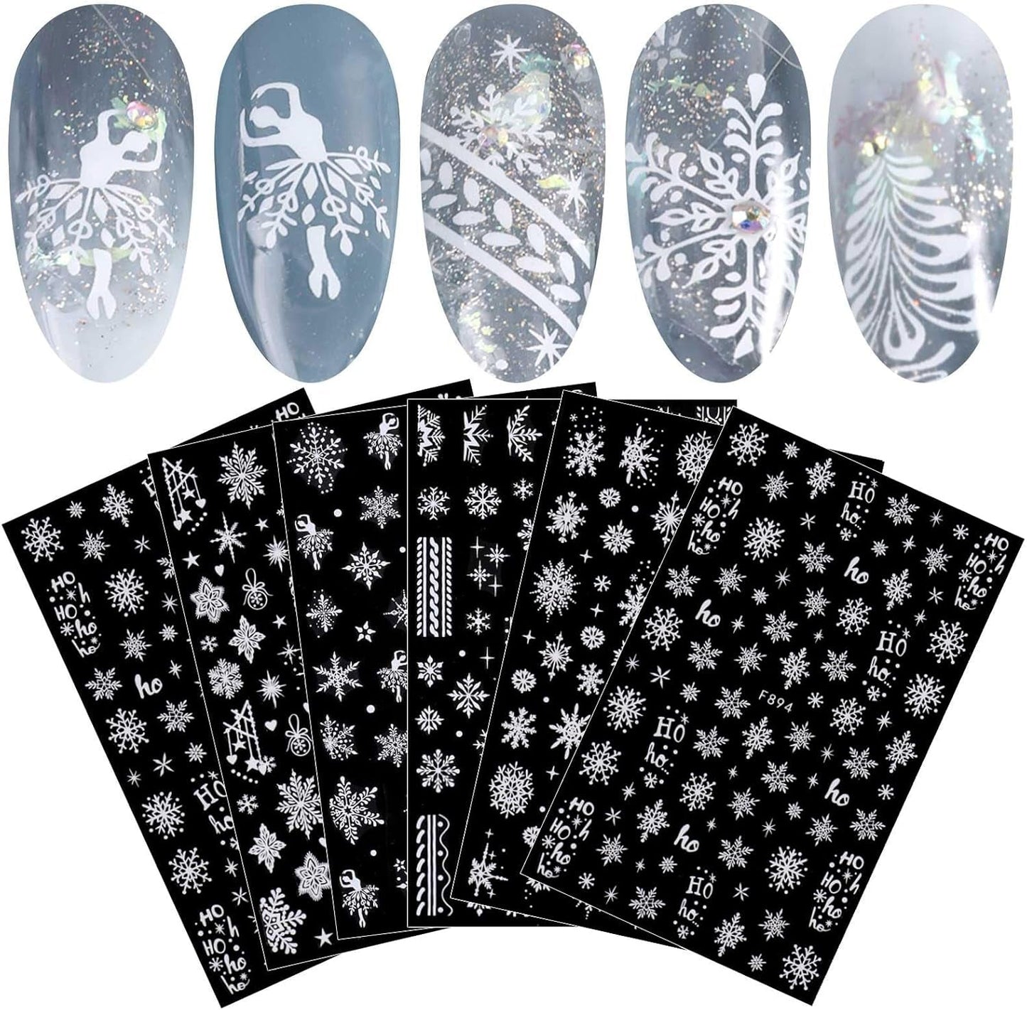 JMEOWIO Nagelsticker Weihnachten Weiß Glitter 8 Blatt Nail Art Sticker Selbstklebend Nagelaufkleber Schneeflocke Winter Urlaub Dekoration Nageldesign Zubehör