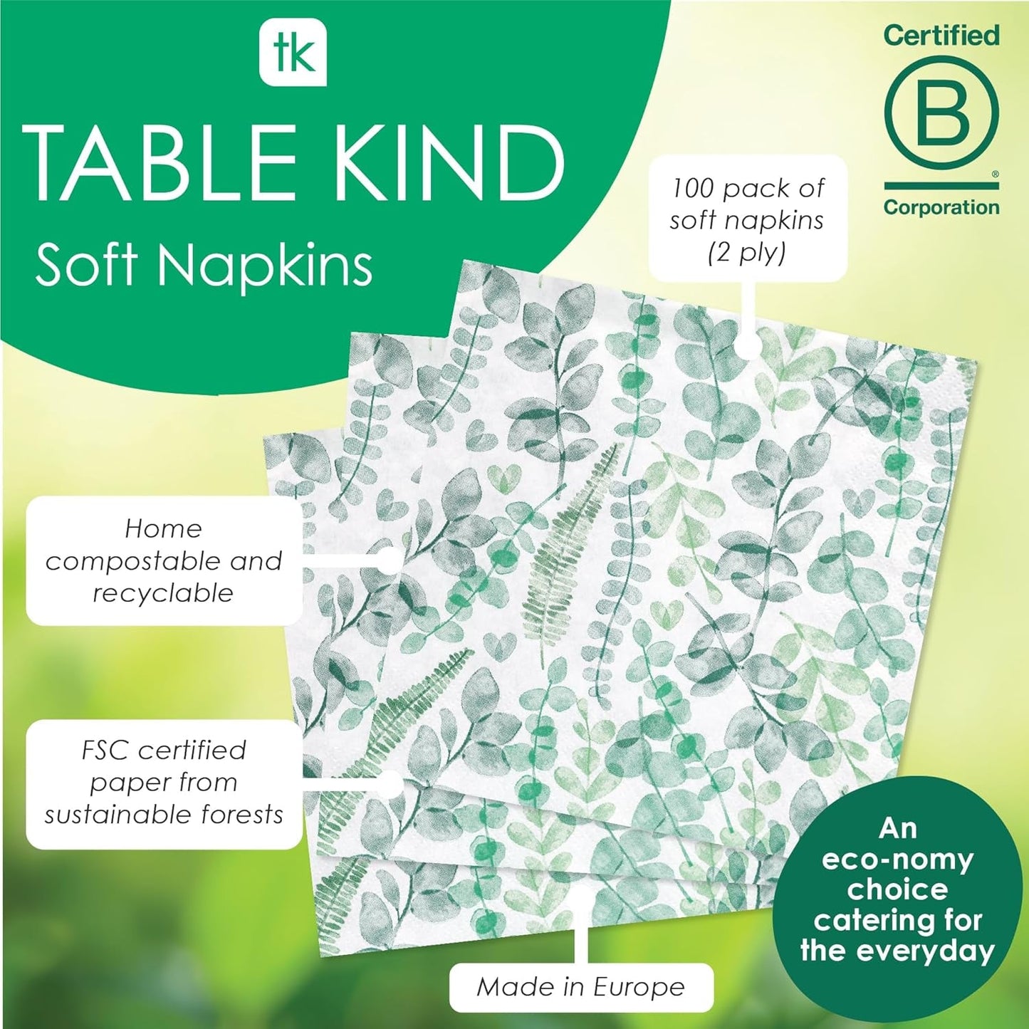 Talking Tables Table Kind Einwegservietten, weiche Papierservietten, grüne Blätter, für Hochzeit oder den täglichen Gebrauch, umweltfreundlich, kompostierbar, recycelbar, hergestellt in EU 2