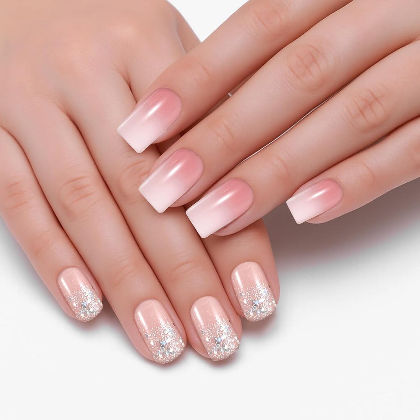 48 Stück kurze Nägel zum Aufkleben, 2 Stile, kurze quadratische französische Nägel mit Nagelkleber und Nagelfeile, rosa, weiße Ombre-Kunstnägel für Frauen