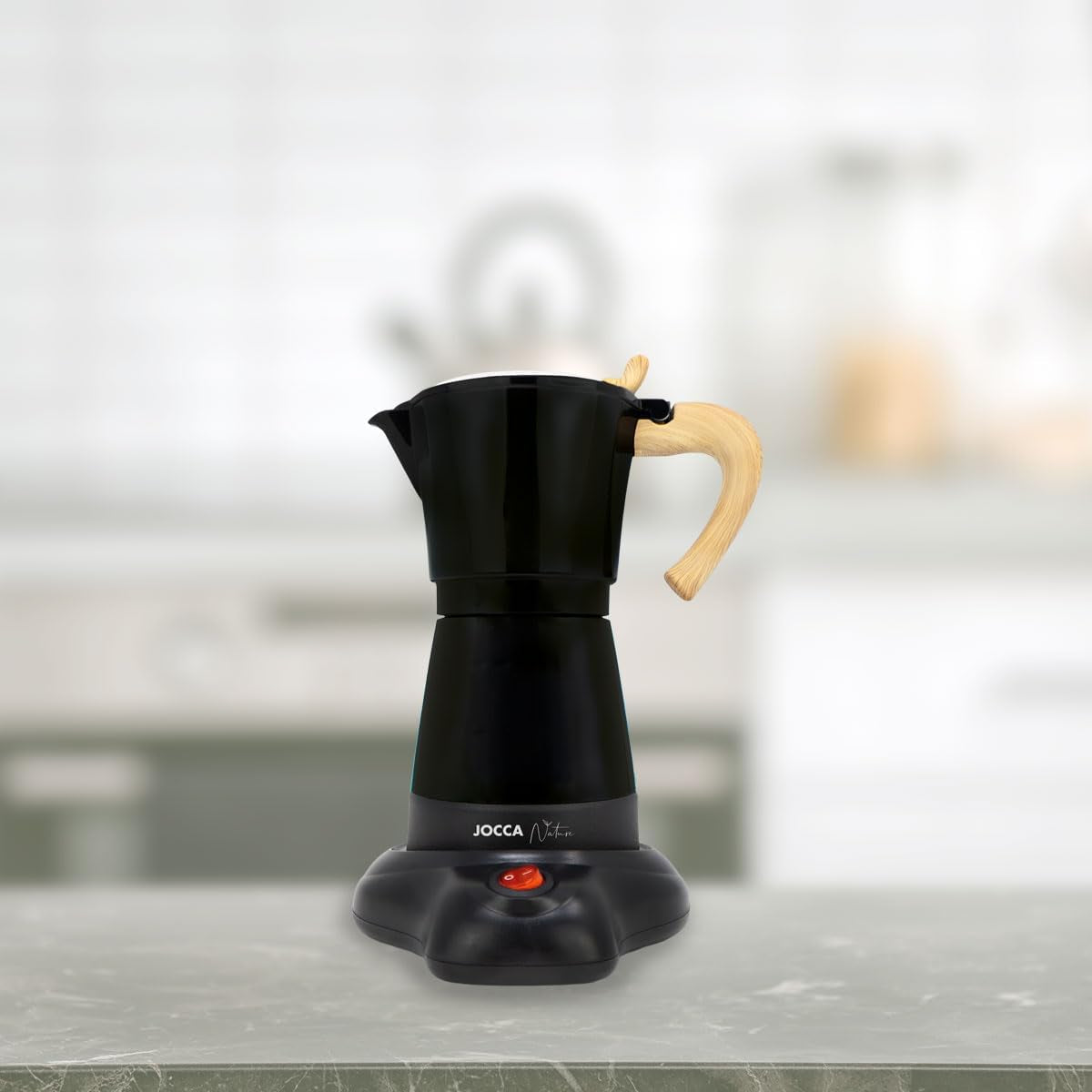 Jocca italienische elektrische Kaffeemaschine, Aluminium, 6 Tassen, tragbare manuelle Kaffeemaschine mit Holzgriff, schwarzer Mokka-Stil