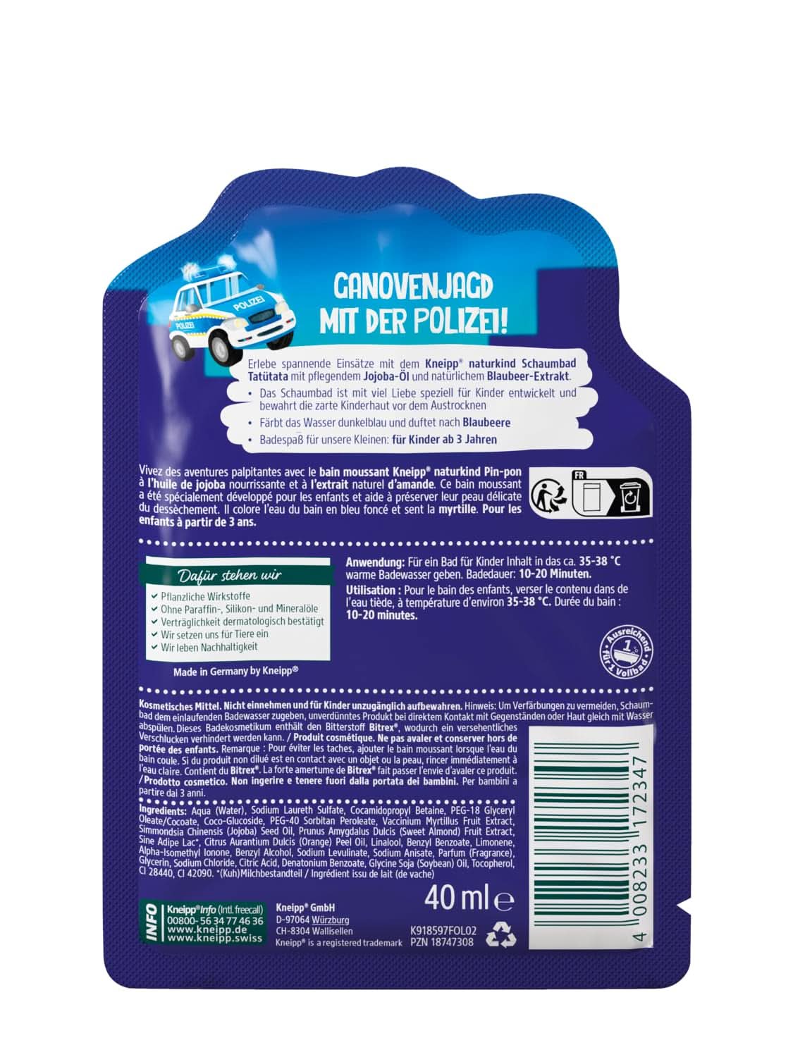 Kneipp Naturkind, Badezusatz mit pflegendem Jojobaöl und natürlichem Heidelbeerextrakt, fruchtiger Heidelbeergeschmack, blaues Wasser, 40 ml Dusche und Bad Naty Shop