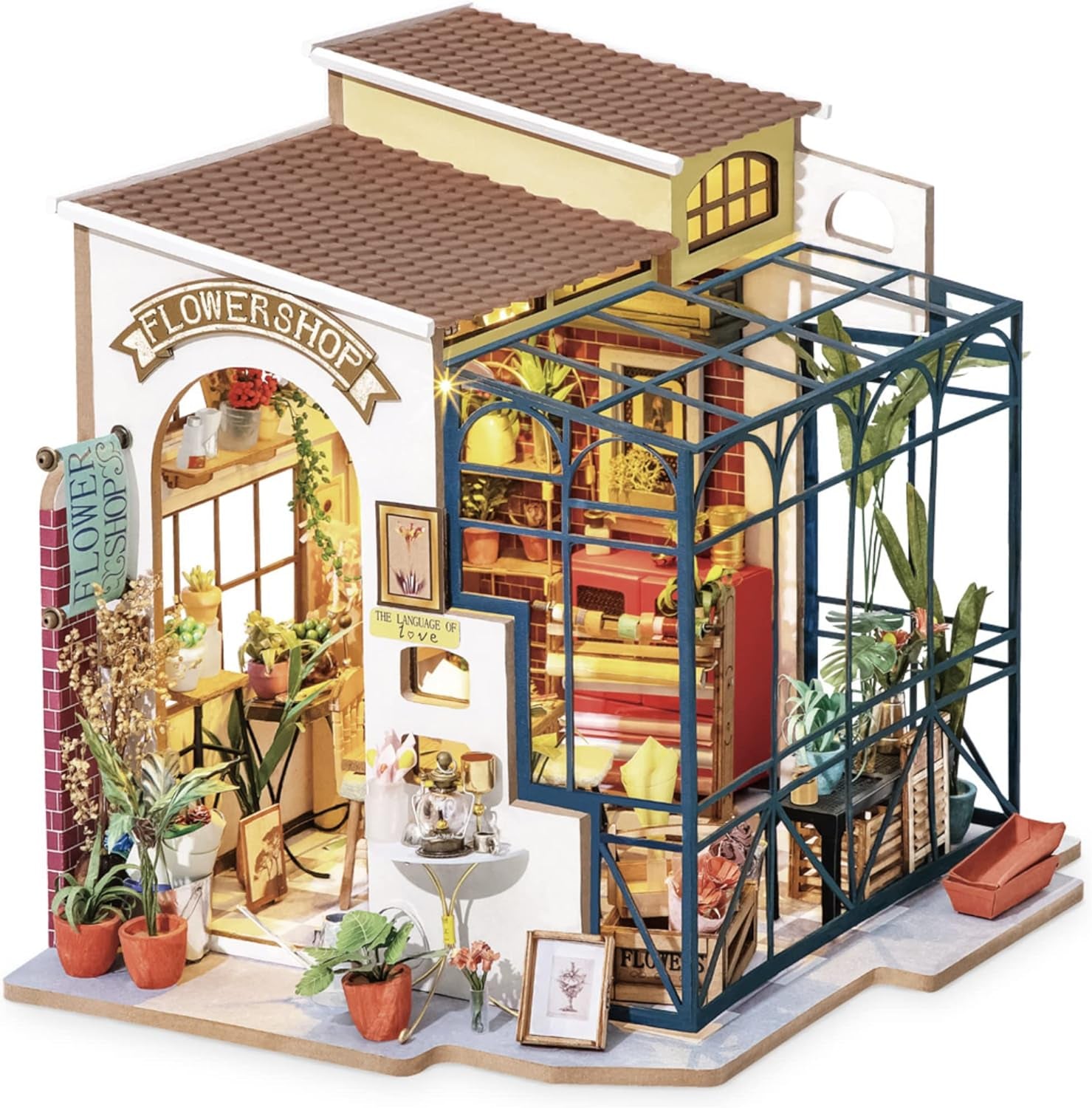 Robotime DG145 Rolife Emily's Flower Shop Miniatur-Puppenhaus aus Holz, Metall, Stoff und Pappe, Maße: 22 x 15 x 17 cm, Puppenhäuser von Naty Shop