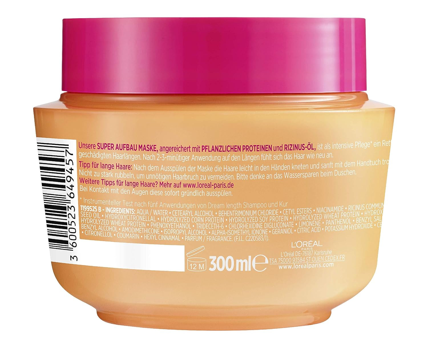 L'Oréal Paris Elvital Anti Spliss Haarmaske für langes, strapaziertes Haar, Intensive Ausspülbehandlung, Mit pflanzlichen Vitaminen und Rizinusöl, Dream Length Super Build-up Mask, 1 x 300 ml Naty Shop Haarmaske