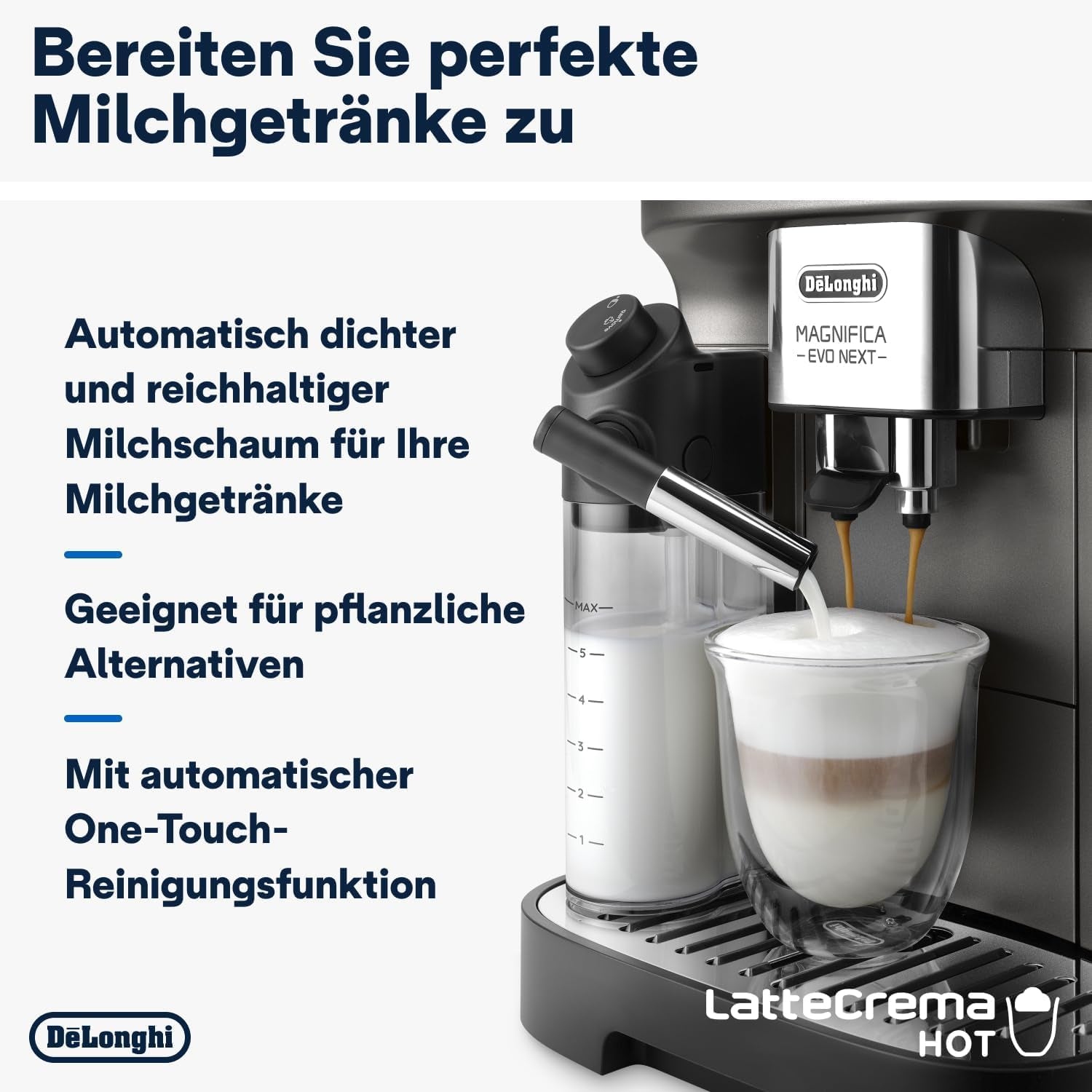 De'Longhi Magnifica Evo Next - Perfetto Vollautomatische Espressomaschine mit LatteCrema Milchaufschäumer, 13 One-Touch-Getränke, Kaffee- und Cappuccino-Zubereiter, Farb-Touchscreen, Titan (ECAM312.80.TB)