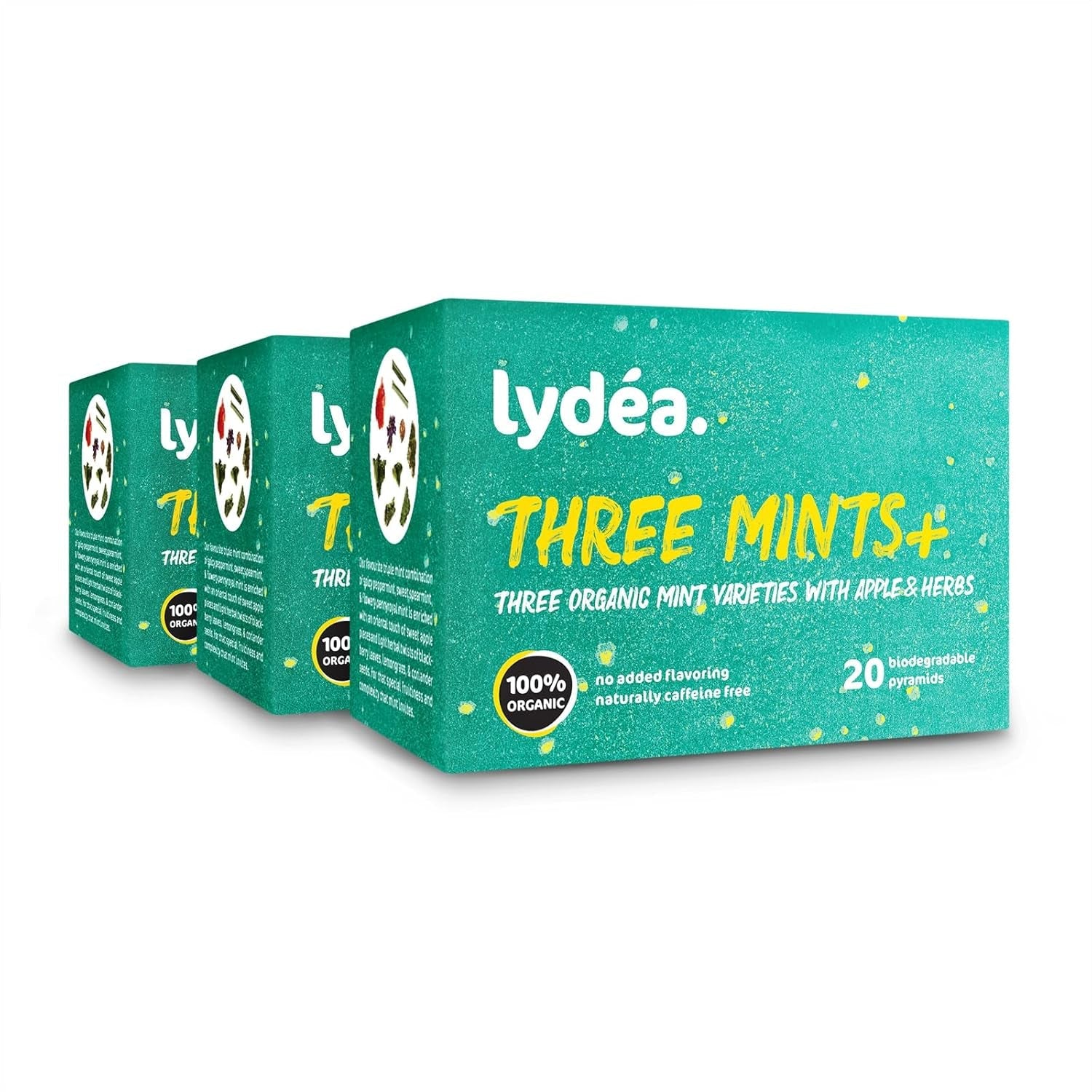 Lydea Three Mints+ Bio-Kräutertee mit drei Sorten Minze, Apfel und Kräutern, 60 Pyramiden, 3er-Pack [3 x 20 Pyramiden]