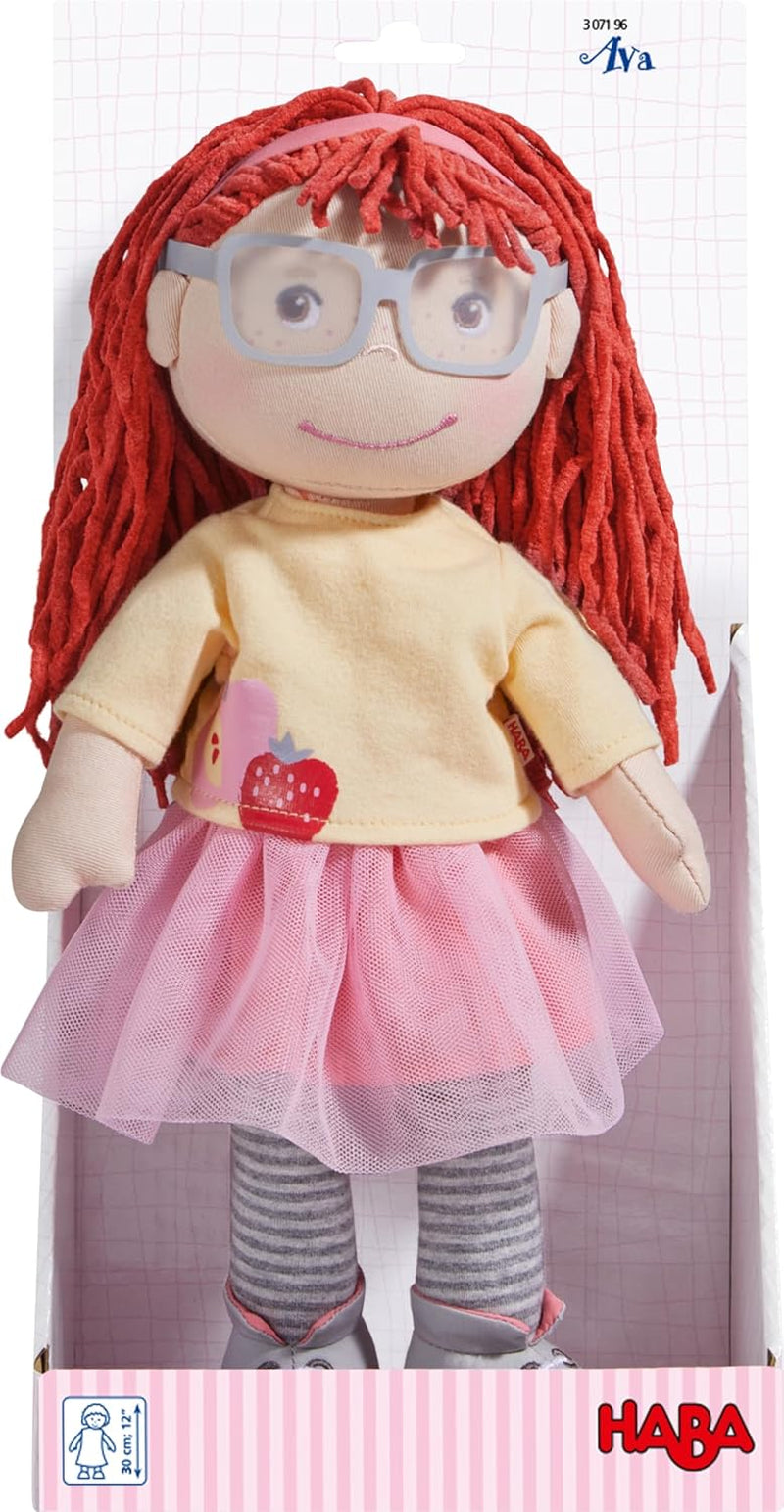 HABA AVA Puppe, 30 cm große Puppe mit Brille, weiche Puppe für Kinder ab 18 Monaten