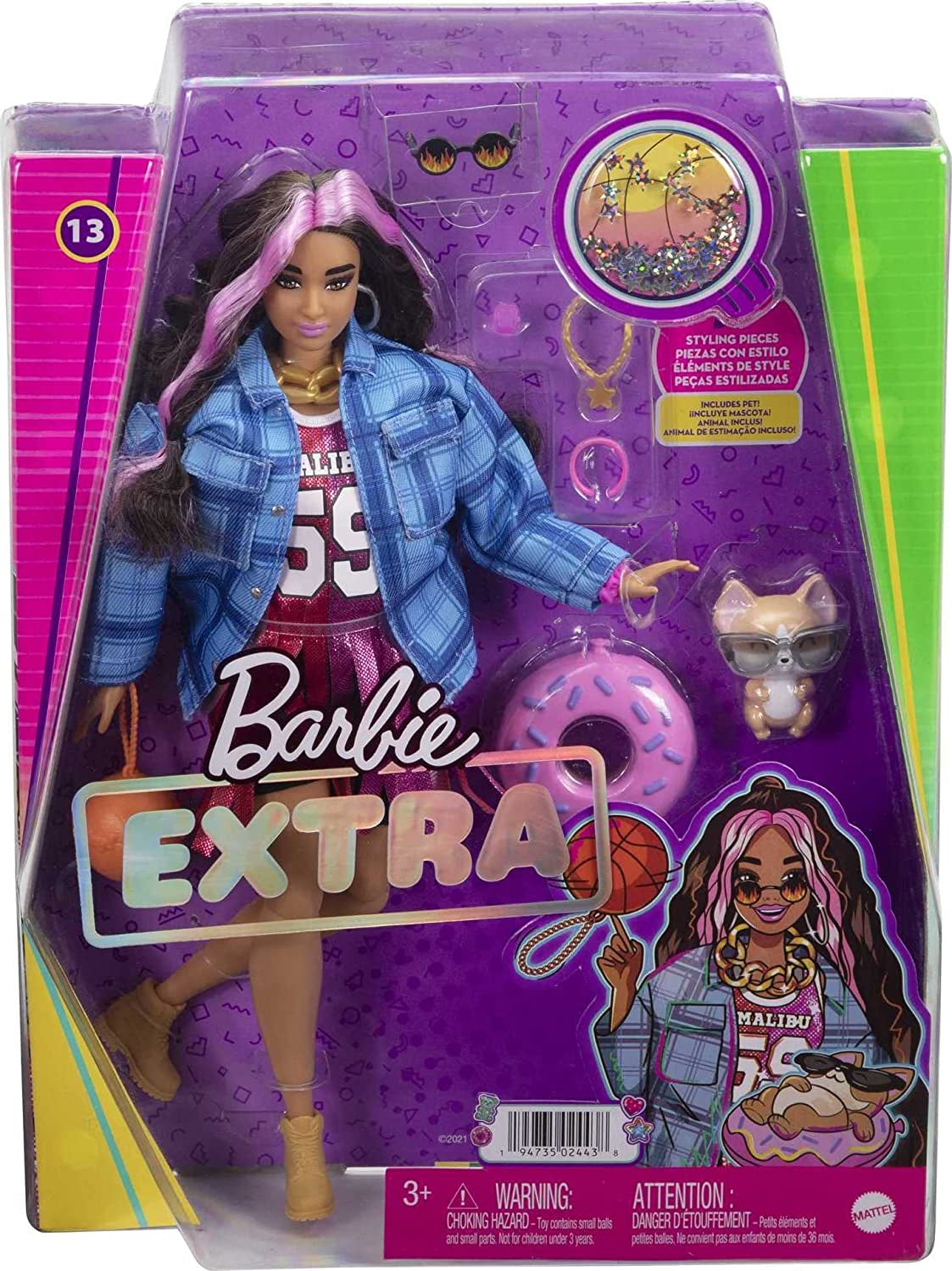 Barbie HDJ46 – Extra-Puppe im Kleid mit Basketball-Trikot und Zubehör, mit Corgi-Haustier, extra langem lockigem Haar mit rosa Strähnen und flexiblen Gelenken, Geschenkspielzeug für Kinder ab 3 Jahren, Naty Shop Dolls