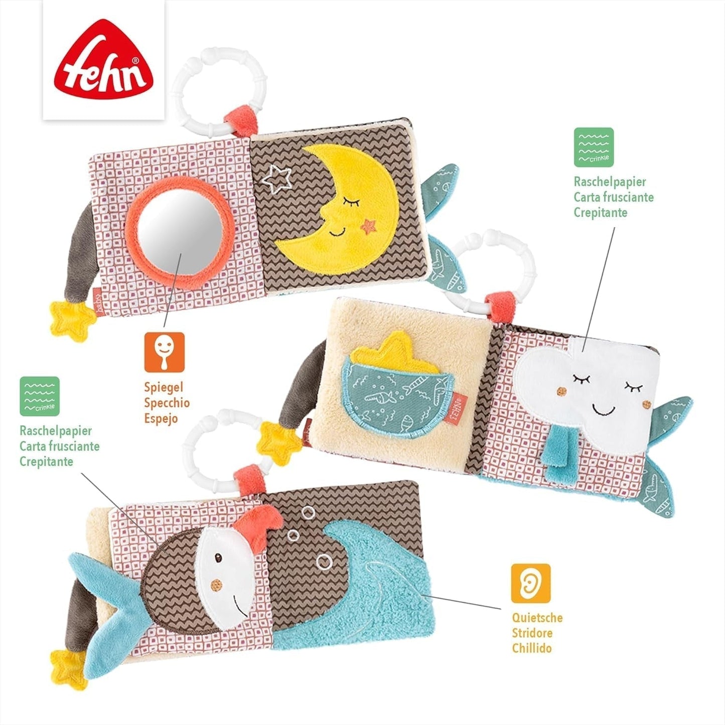 Fehn Soft-Bilderbuch Bruno – Softbuch für Babys aus Stoff mit Tiermotiven – Spielzeugbuch aus Stoff zum Aufhängen für Kinderwagen und Autositze – Buch mit Böllern für Babys und Kinder ab 0+ Monaten Babyspielzeug Naty Shop