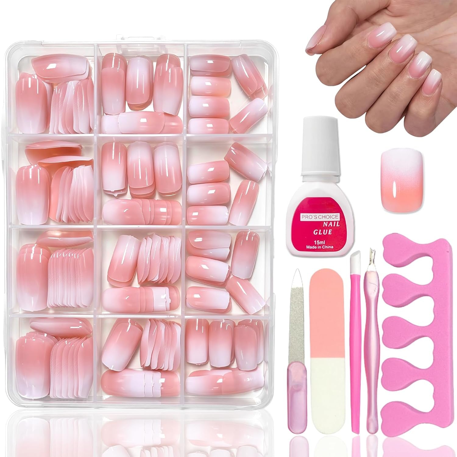 360-teiliges Kunstnägel-Set – Kurze Kunstnägel in Nude-Rosa-Weiß mit Farbverlauf – Quadratische Kunstnägel zum Aufkleben – Vollflächige, glänzende, selbstklebende Nägel für Frauen und Mädchen (quadratisch)