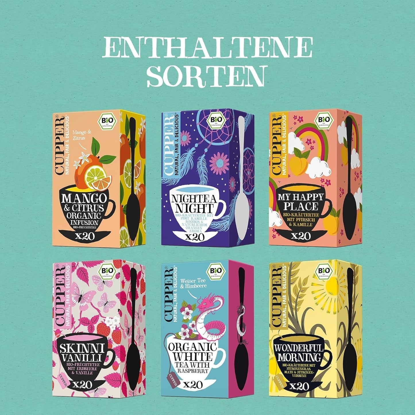 Cupper Bio-Tee-Geschenkset, 6 verschiedene Kräuter- und Früchtetees für den ganzen Tag, Teeset, Geschenkbox, ausgewählte Bio-Teekollektion (1 Box, 78 Teebeutel)