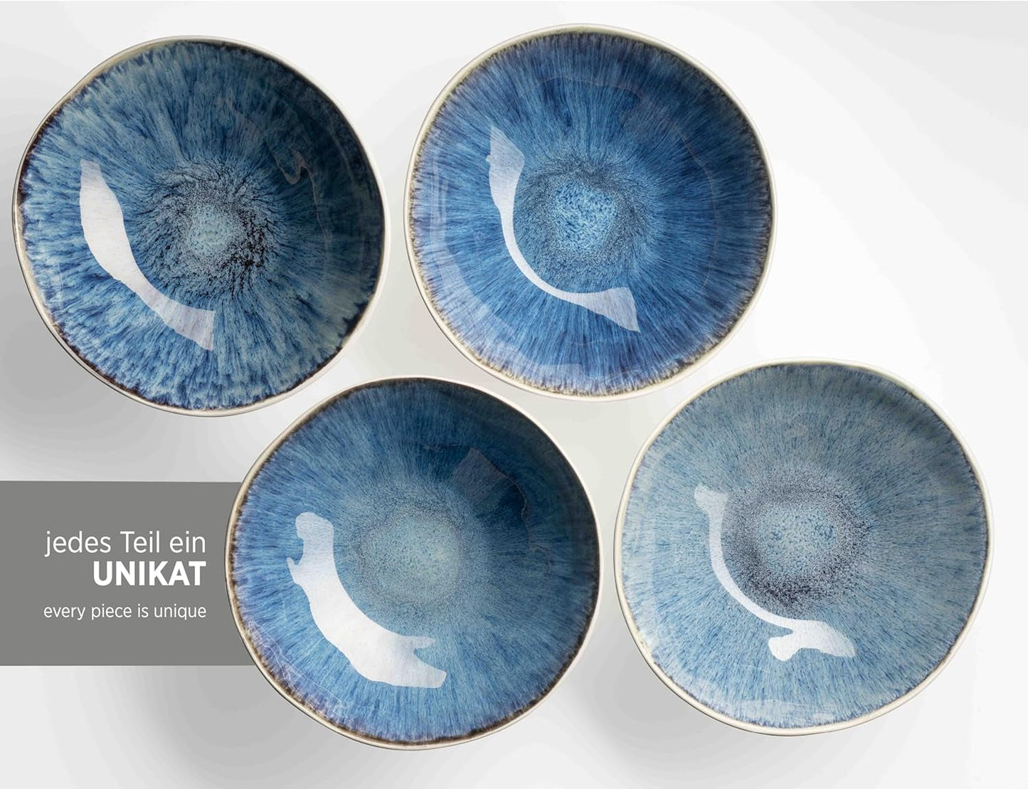 MÄSER 934092 Serie Frozen, Keramik-Geschirrset für 4 Personen, 16-teiliges Kombiservice mit organischen Formen, blau gebeiztes Service, Steinzeug, dunkelblau