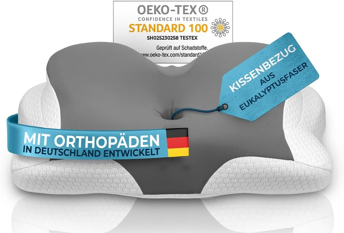 Orthopädisches Kissen [Nominiert für den Innovationspreis Ergonomie] Nackenschmerzkissen aus Memory-Schaum | Nackenstützkissen Ergonomische Nackenrolle Seitenschlafkissen Grau Zervikale orthopädische Kissen Naty Shop Grau Kissenbezug [Version:Allrounder]