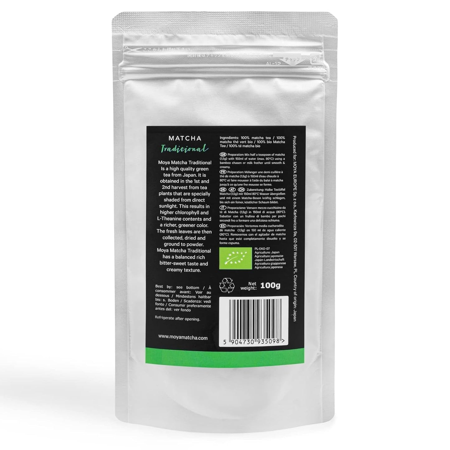 Moya Matcha Bio-Grüntee-Pulver | 100 g traditionelle Zeremonienqualität 30 g | Biologisch angebaut und geerntet in Uji, Japan | Perfekt zum Trinken mit Wasser, Matcha-Latte, Smoothies und Limonaden