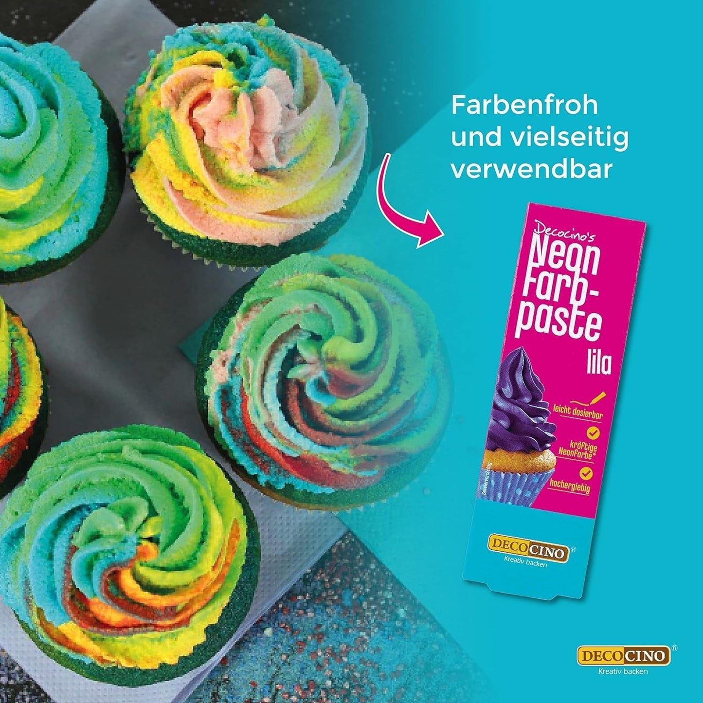 Decocino Neon-Lebensmittelfarben-Set – 3-teilig – Rot, Rosa, Lila – hochdosierte Lebensmittelfarbe – zum Einfärben von Kuchen, Muffins, Cupcakes – geschmacksneutral