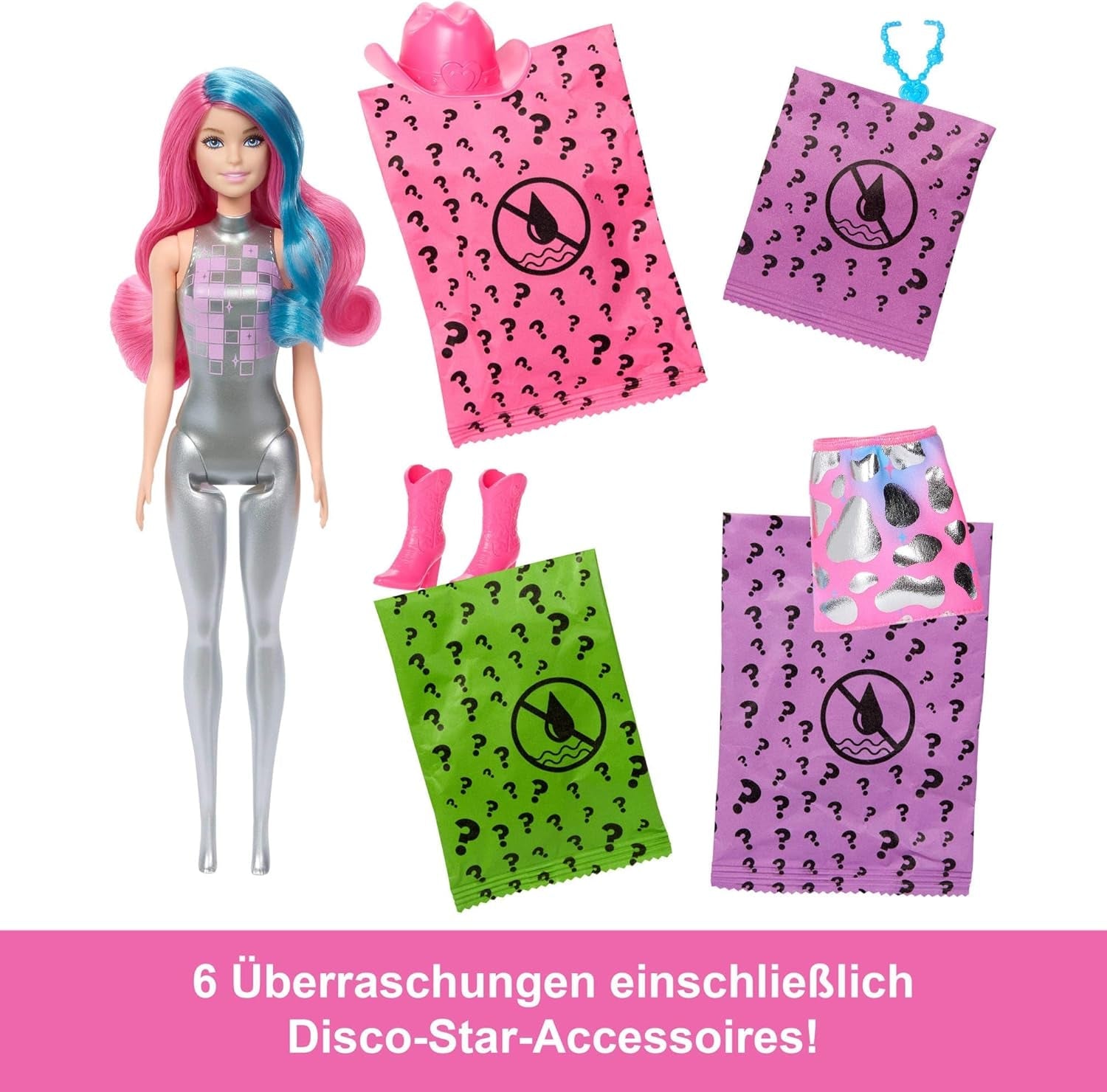 Barbie Color Reveal Modepuppe und Zubehör mit 6 Überraschungen, Disco Star-Serie mit metallischem Glitzer und farbwechselndem Oberteil (Stile können variieren), JCP01 Naty Shop-Puppen