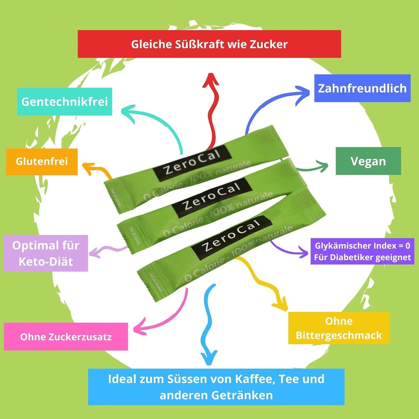 Zerocal – 1:1 (Erythrit + Stevia) 100 Sticks Je 3 G | Ideal zum Süßen von Kaffee, Tee und anderen Getränken Gleiche Süßkraft Von Zucker | Glutenfrei, vegan, gentechnikfrei | Kalorien und GI = 0 Süßstoffe Naty Shop