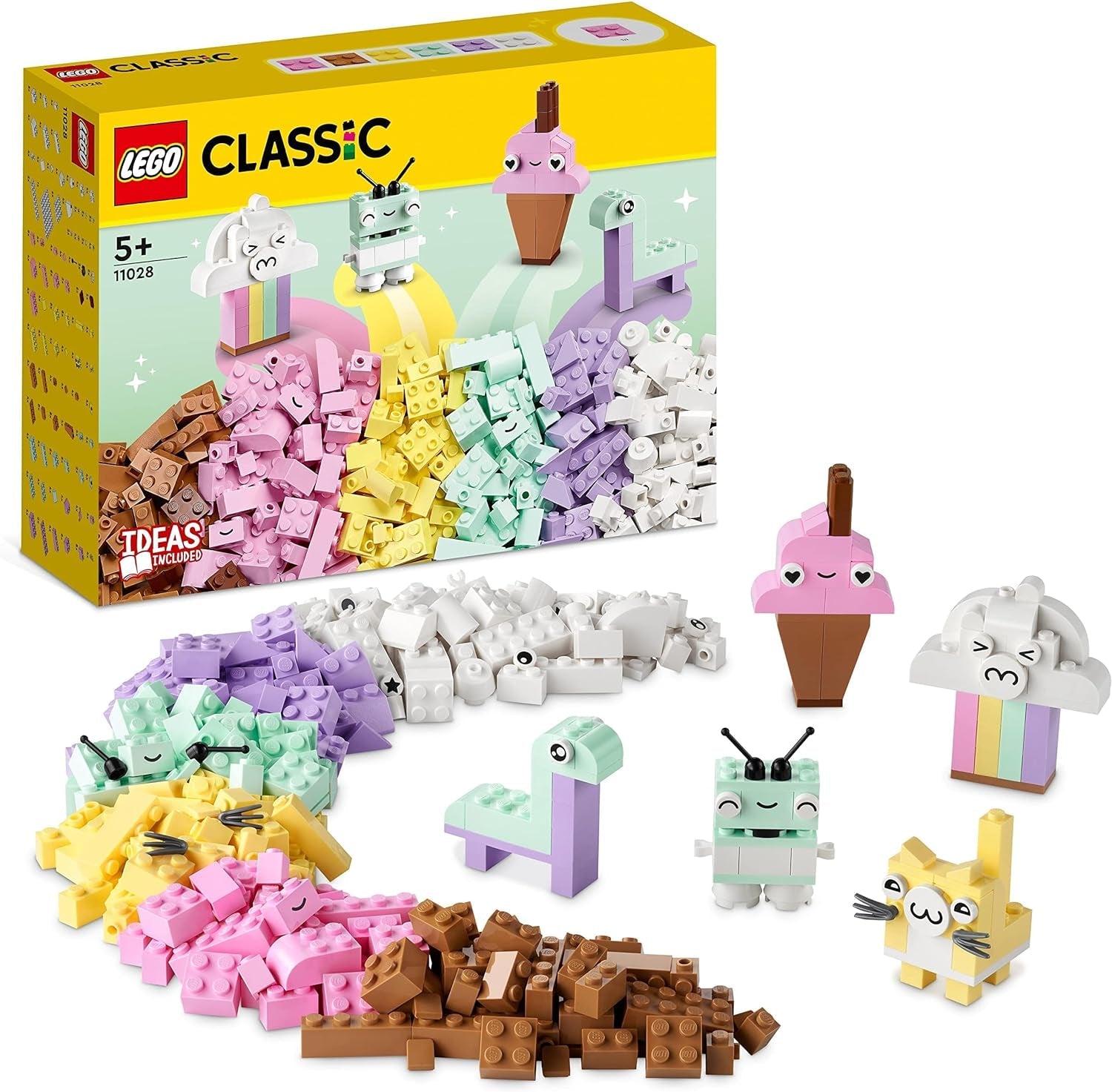 LEGO 11028 Classic Pastel Kreativbauset, Ziegelbox, Konstruktionsspielzeug für Mädchen und Jungen ab 5 Jahren mit Modellen; Eis, Dinosaurier, Katze und mehr Bausätze Besuchen Sie den LEGO-Store Single