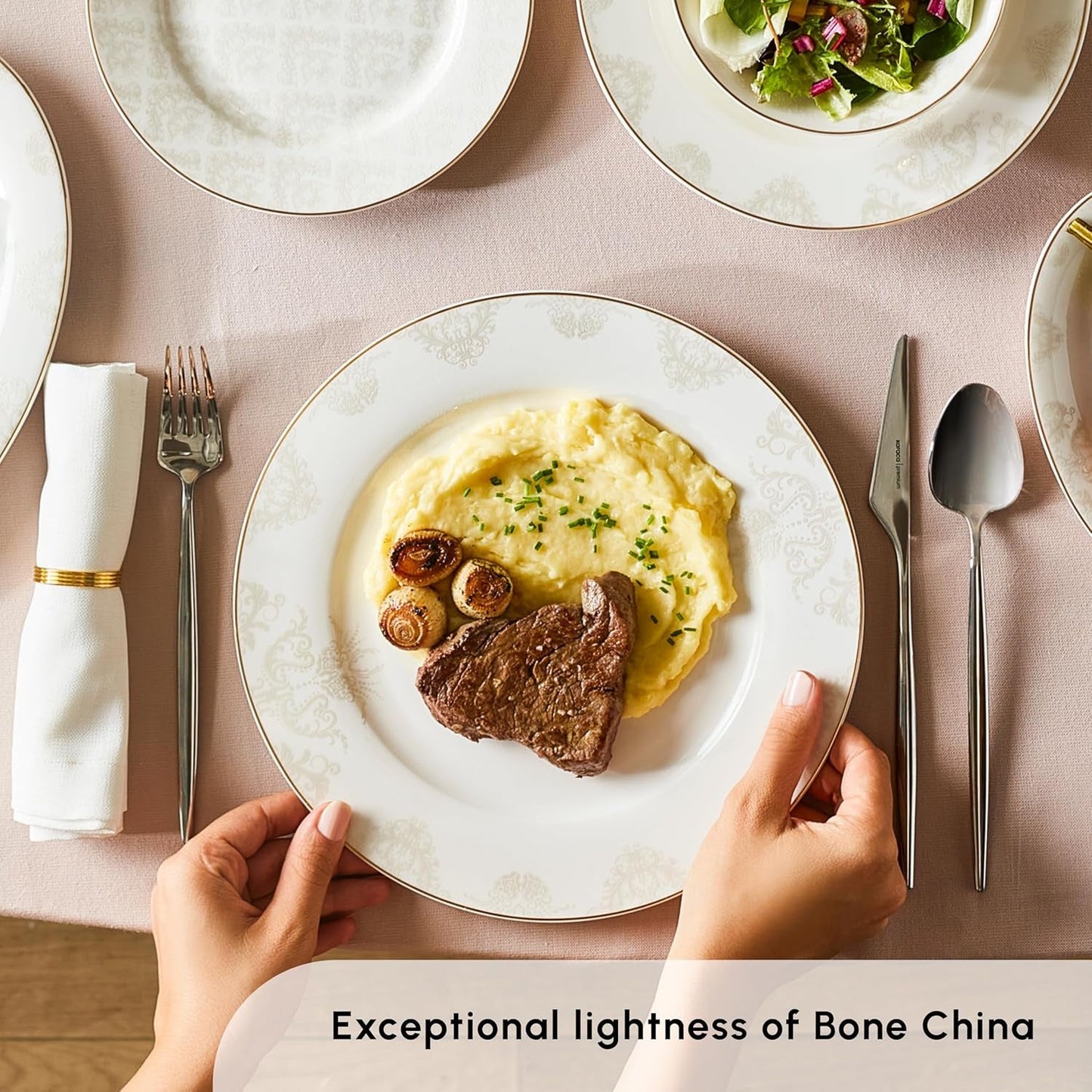 Karaca Elegance Bone Siena Geschirrset für 12 Personen, modernes Porzellangeschirrset, Geschirrset mit Suppenschüsseln, Servierplatte, tiefen Tellern, Desserttellern – Weiß und Gold