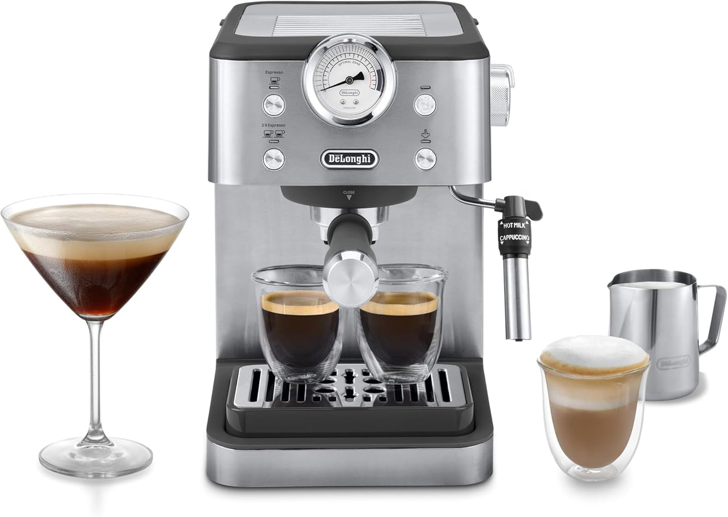 De'Longhi Classic EM450.M Siebträger-Espressomaschine mit professionellem Milchaufschäumer, Vollmetallgehäuse, 15 bar, 1,7 l Wassertank, Edelstahl/Metall