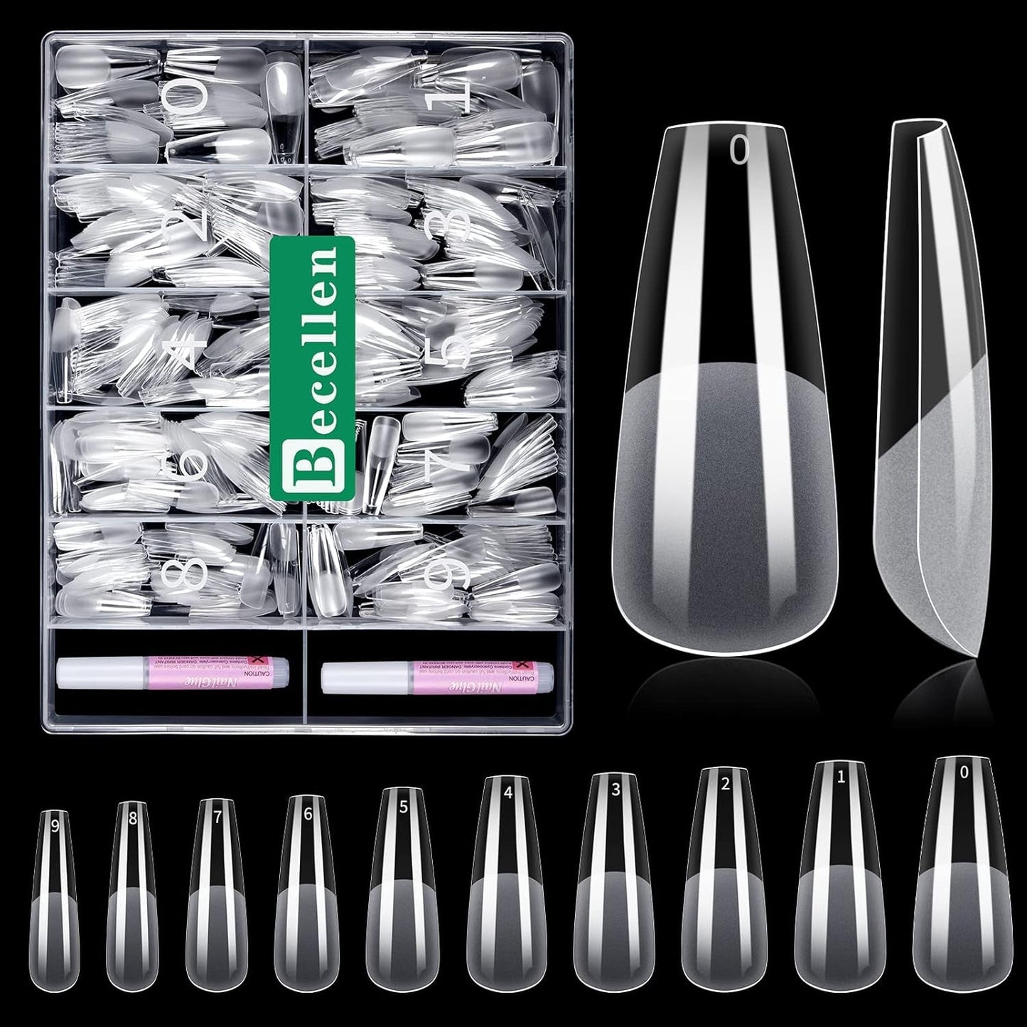 Becellen 500 Stück künstliche Nagelspitzen, weiche Gel-Nagelspitzen, vollständige Abdeckung, Gel-Nagelspitzen, vorpolierte künstliche Nägel, DIY-Nagelkunst-Kleber-Set (Mandeln)