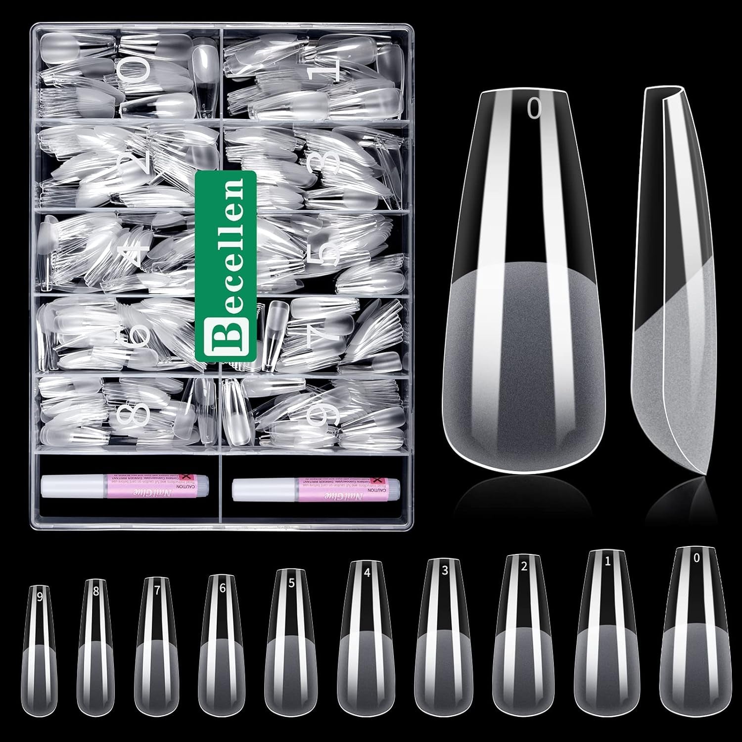 Becellen 500 Stück künstliche Nagelspitzen, weiche Gel-Nagelspitzen, vollständige Abdeckung, Gel-Nagelspitzen, vorpolierte künstliche Nägel, DIY-Nagelkunst-Kleber-Set (Mandeln)