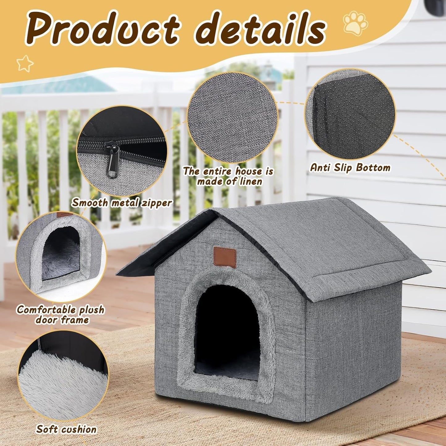 Katzenhaus Outdoor Winterfest, Katzenhöhle, Hundehöhle mit abnehmbarem Plüschkissen, Wasserdichter Wetterfester, Hundehütte Indoor, Hundehaus für Drinnen/Indoor 35x30x35cm (Grau, S)