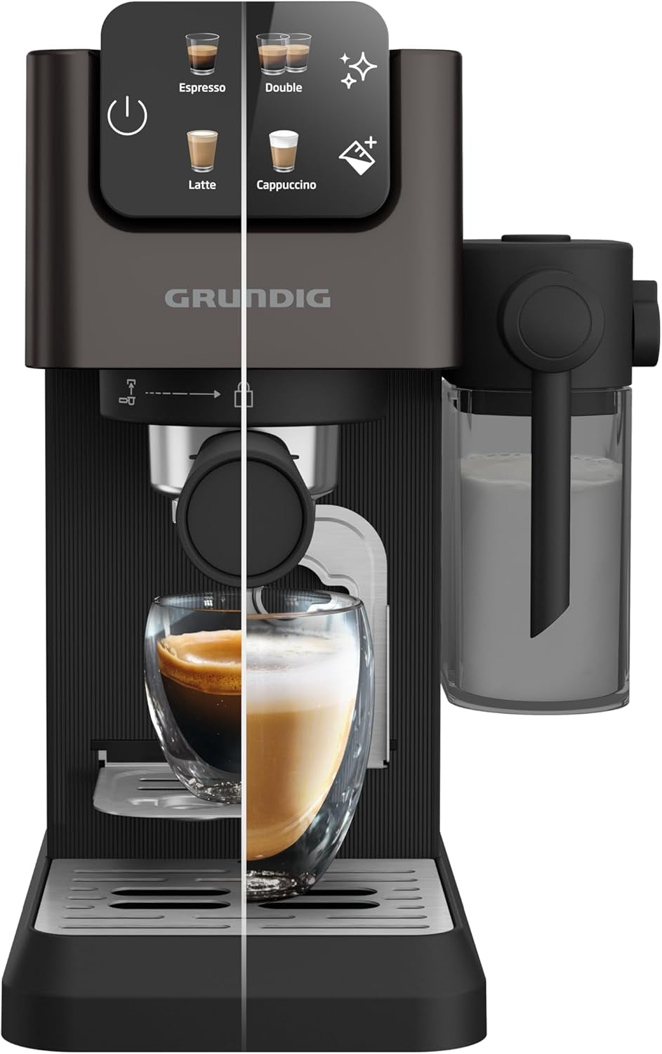 Siebträger-Espressomaschine GRUNDIG KSM 5330 mit integriertem Milchbehälter, Leistung 1628 W, Pumpendruck 15 bar, Doppeldüse, farbiges Touch-Display, BrewSense, CreamyPro, Edelstahl dunkel/Schwarz