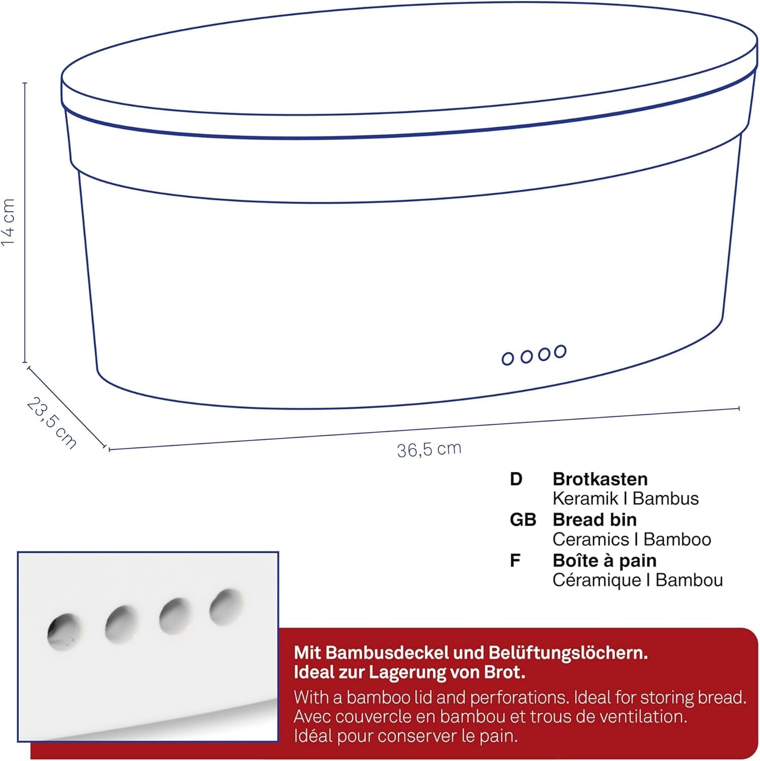Kela Brotkasten mit Belüftungslöchern, Keramik-Brotkasten, SALENA, Brotschale, weiß, 36,5 x 23,5 x 14 cm, Aufbewahrungsboxen für Lebensmittel, Naty Shop