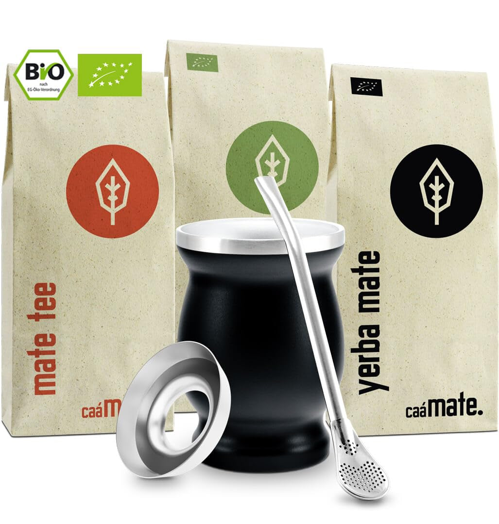 Mate Bio-Teeset ● 3 Sorten Mate + doppelwandiger Mate-Becher aus Edelstahl + Bombilla + Zubereitungsanleitung (schwarz)