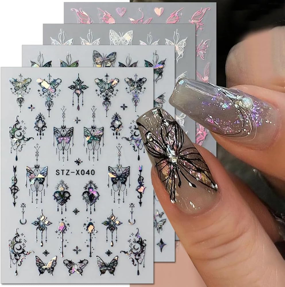 3D Metallic Schwarz Schmetterling Nagelaufkleber – Laser Pink Aurora Nagelaufkleber – Punk Butterfly Nail Art Aufkleber – Silber Nagelaufkleber – Nageldesign Zubehör