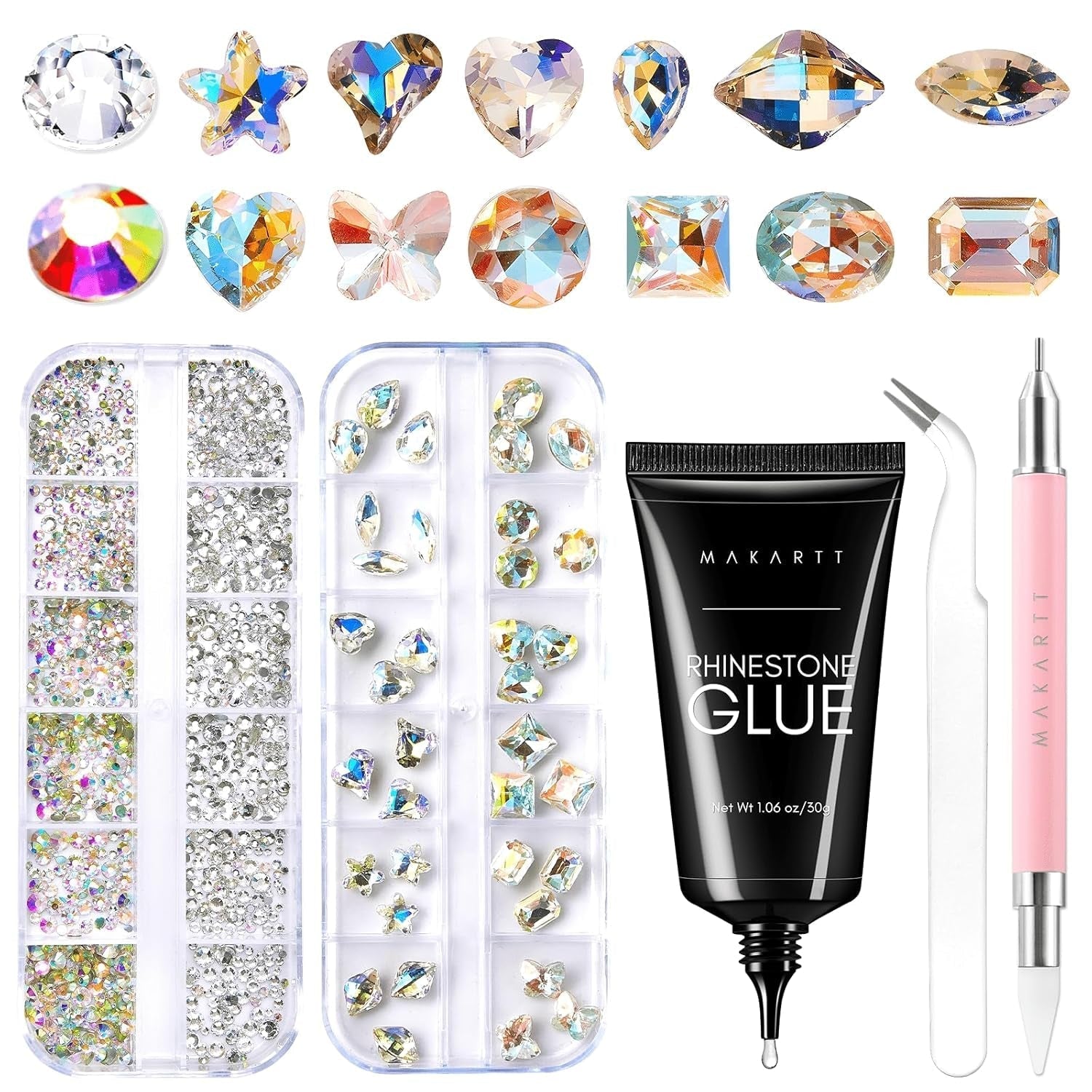 Makartt Strass-Klebegel – 15 ml UV-Nagelkleber-Set mit rosa Nagel-Charms, Herz-Kreis-Nagelschmuck und Nageldesign-Zubehör für Heim-Maniküre, Valentinstagsgeschenk