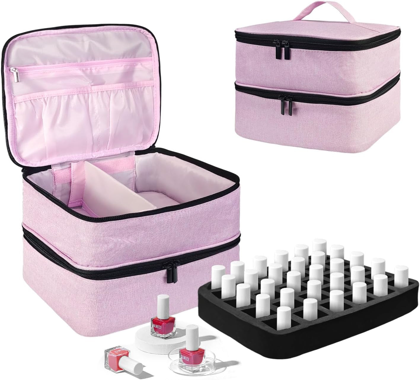 Nail Lacquer Organizer Tasche, Doppelschicht Nagellack Aufbewahrungsbox, Organizer Koffer Für Nageldesign Kosmetiktasche Für 30 Flaschen Neonail Base(15Ml-0.5 Fl.Oz) & 1 Nagellampe(Schwarz)
