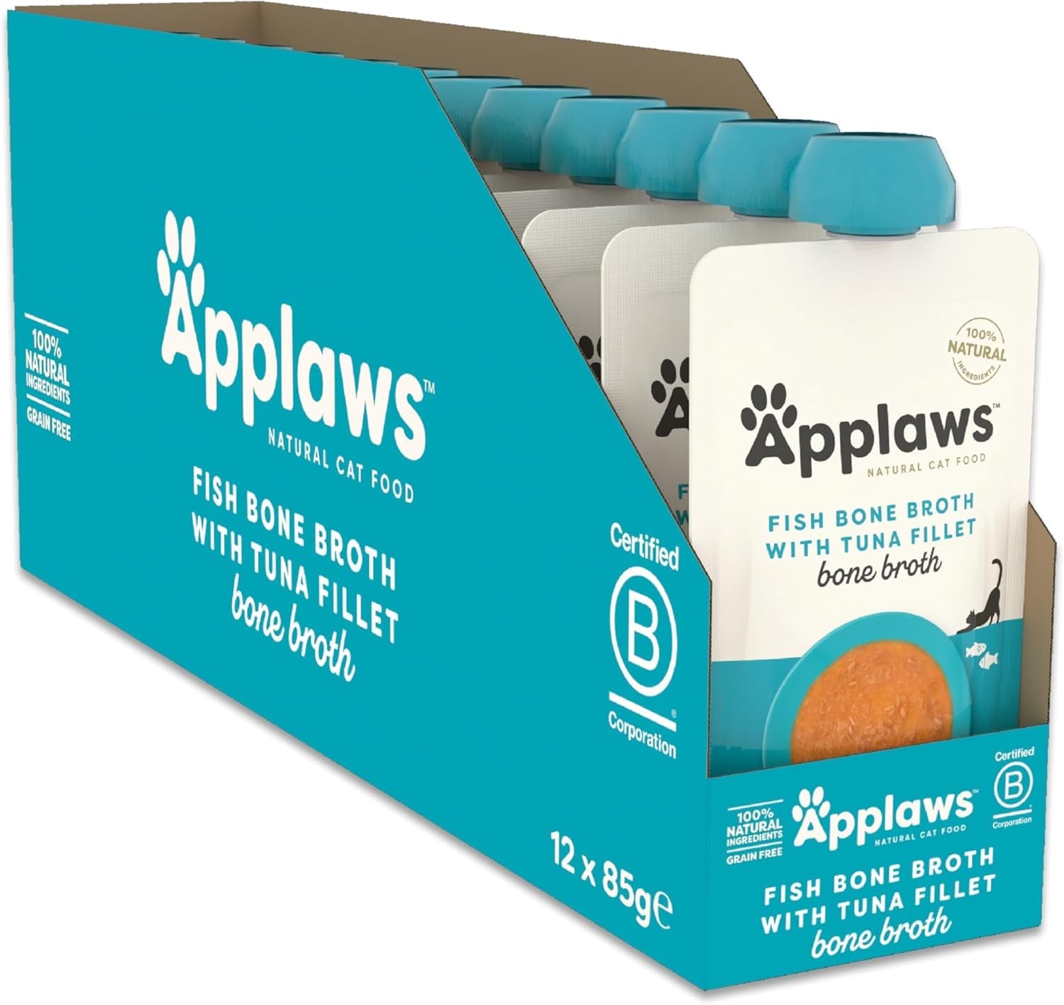 Applaws 100 % natürliches Nassfutter für Katzen – Fischgrätensuppe mit Thunfisch, 12 Filterbeutel x 85 g