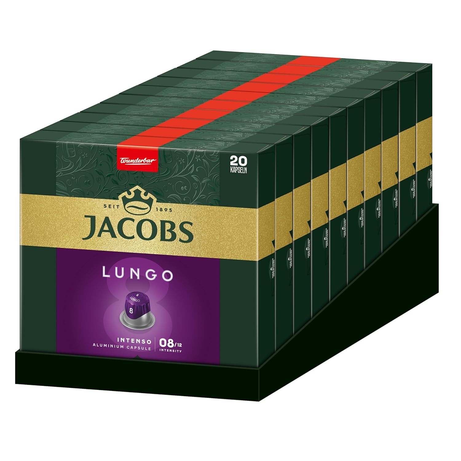 Jacobs Kaffeekapseln Lungo Intenso, Intensität 8/12, 10 x 20 Getränke, Nespresso* kompatible Kaffeekapseln, 200 Kapseln