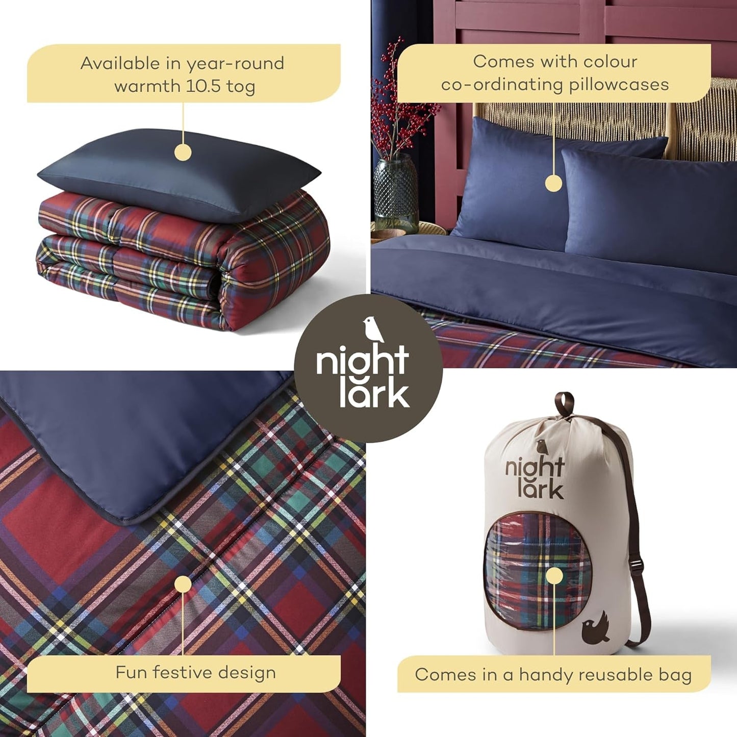 Night Lark Bettdecken- und Kissenbezug-Set, 10,5 Tog, Einzelbett, klassisches rotes Schottenmuster, luxuriöse Bettwäsche, hypoallergen, maschinenwaschbare Bettdecken und Bettdecken Naty Shop
