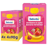 Frucht-, Himbeer-, Apfel-, Bananen- und Dinkel-Quetschbeutel – 16 Stück (4er-Packung, je 4 x 90 g), ohne Zuckerzusatz, hergestellt aus Beerenfrüchten und vollwertigem Getreide, ideal für Snacks zum Mitnehmen und zum Selbstverzehr