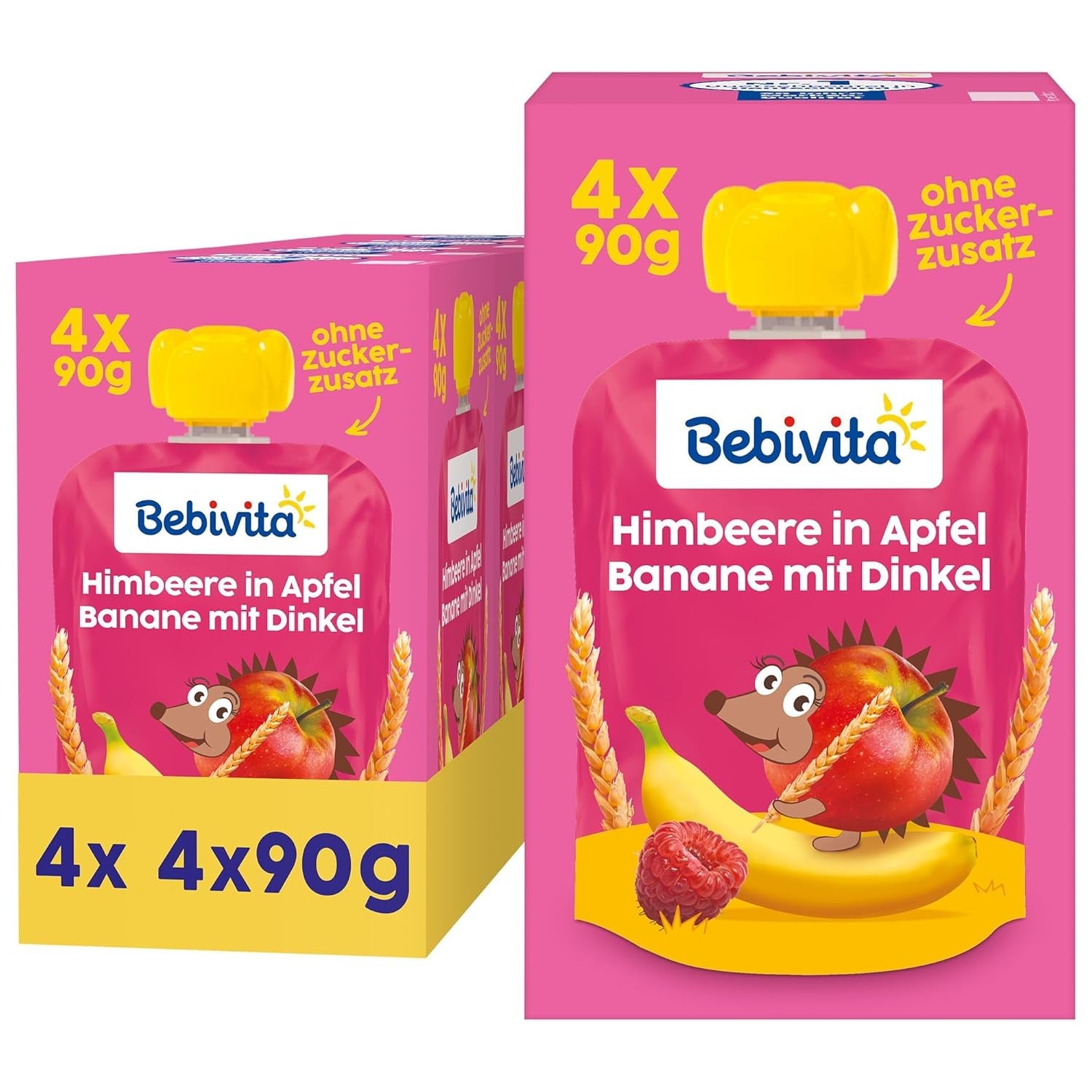 Frucht-, Himbeer-, Apfel-, Bananen- und Dinkel-Quetschbeutel – 16 Stück (4er-Packung, je 4 x 90 g), ohne Zuckerzusatz, hergestellt aus Beerenfrüchten und vollwertigem Getreide, ideal für Snacks zum Mitnehmen und zum Selbstverzehr