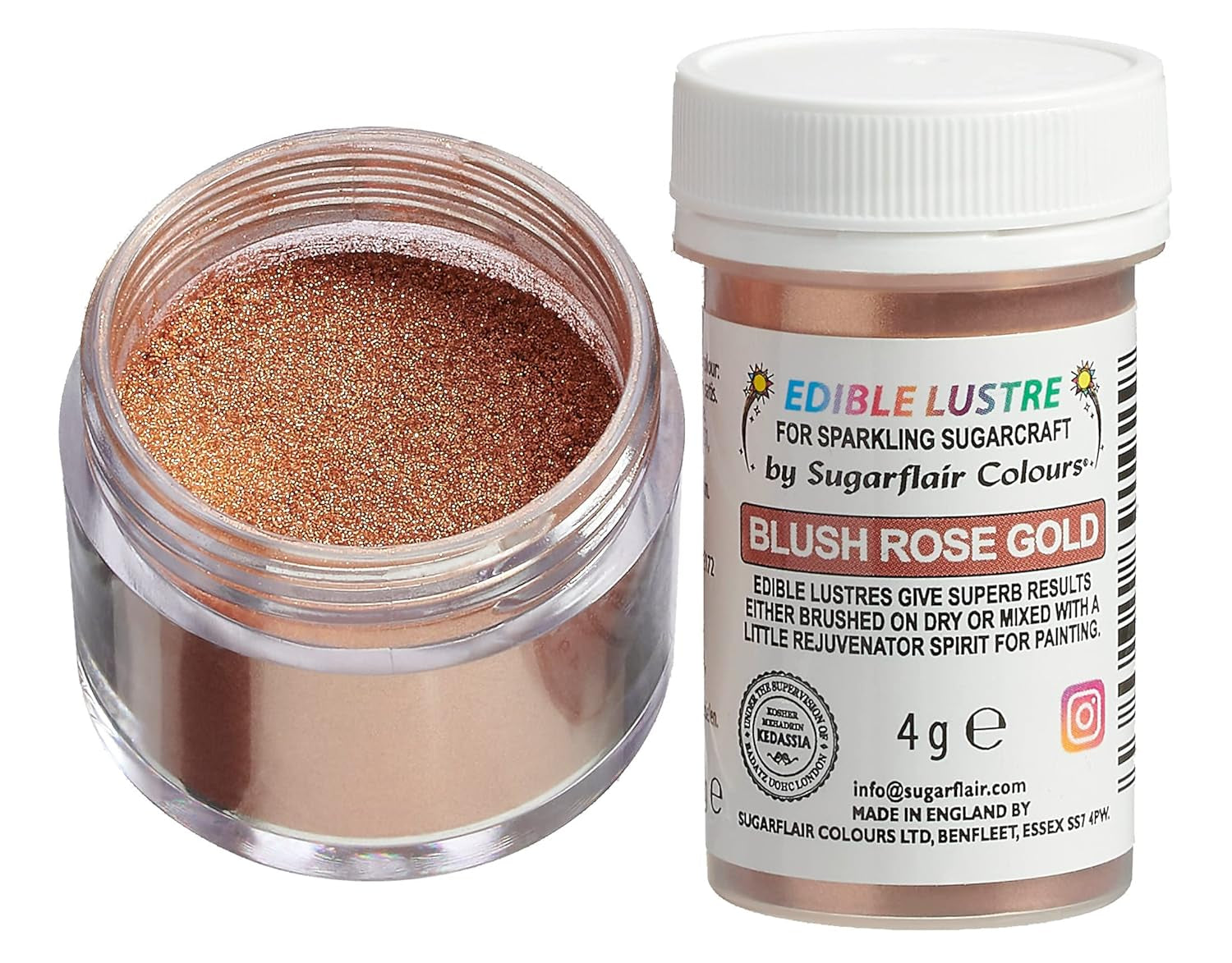 Essbare Lebensmittelfarbe Sugarflair Lustre Blush Rose Gold – Essbares Glanzpulver für Kuchen, Muffins, Schokolade, Gebäck, Desserts, Eis, Getränke, Cocktails und mehr – 4 g