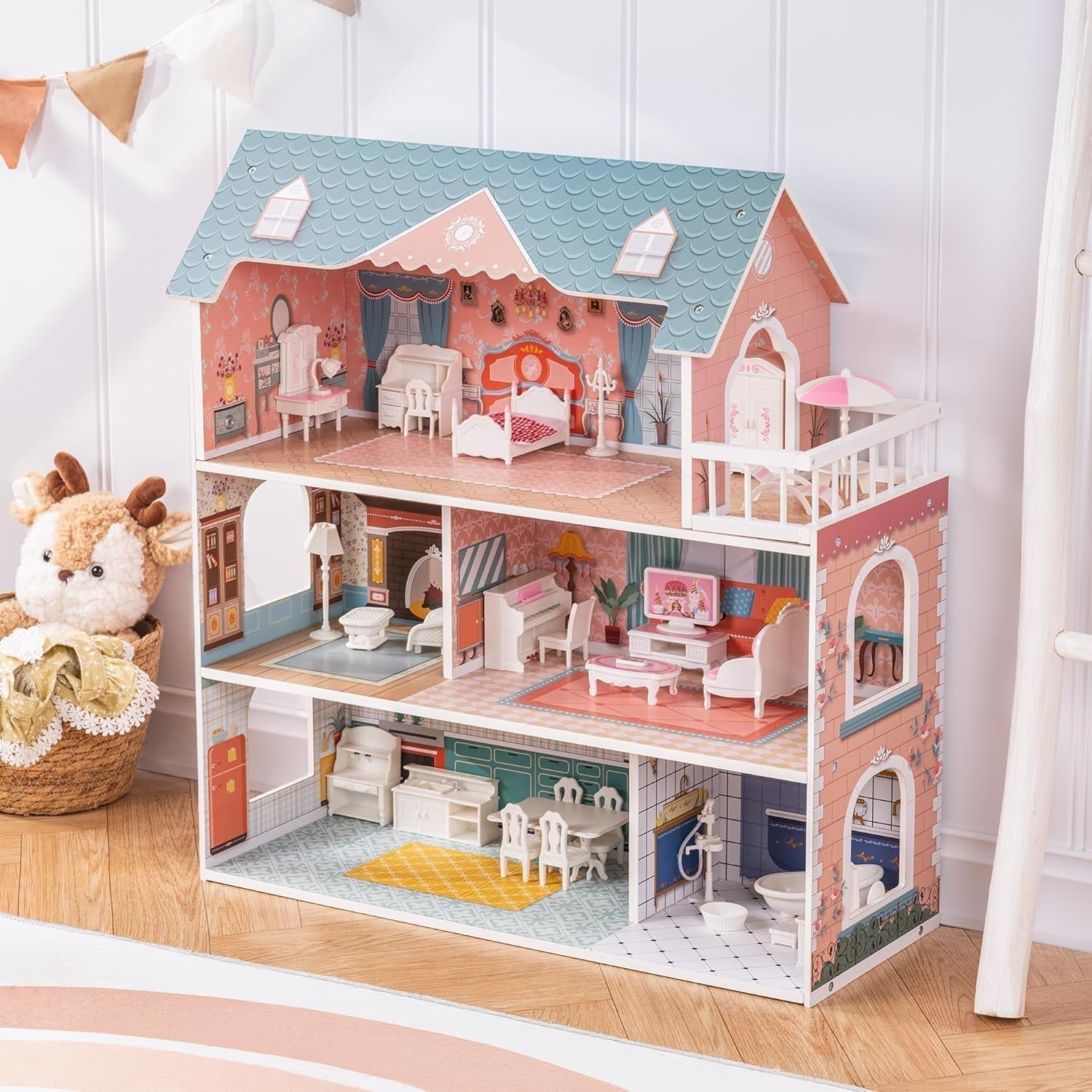 Puppenhaus aus Holz mit Möbeln und Zubehör, Spielhaus für Mädchen, Kinderspielzimmer, Spielzeug, Puppenhäuser, Naty Shop