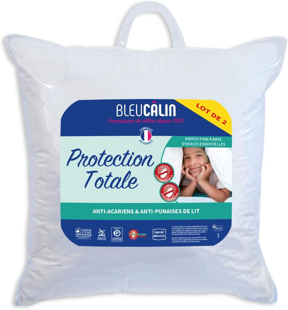 Bleu Câlin Set mit 2 Kissen gegen Milben und Insekten, flauschiger Komfort, 60 x 60 cm, Mikrofaserbezug, vollständiger Schutz, weiße Standardkissen von Naty Shop